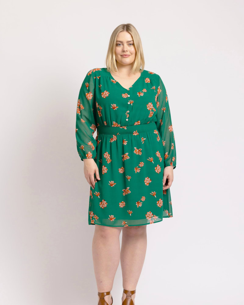 Front of a model wearing a size 1X Kayla Long Sleeve Floral Dress in M795 GREEN by Daniel Rainn. | dia_product_style_image_id:300757